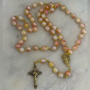 Elegant Gold and Pink Beaded Rosary Necklace